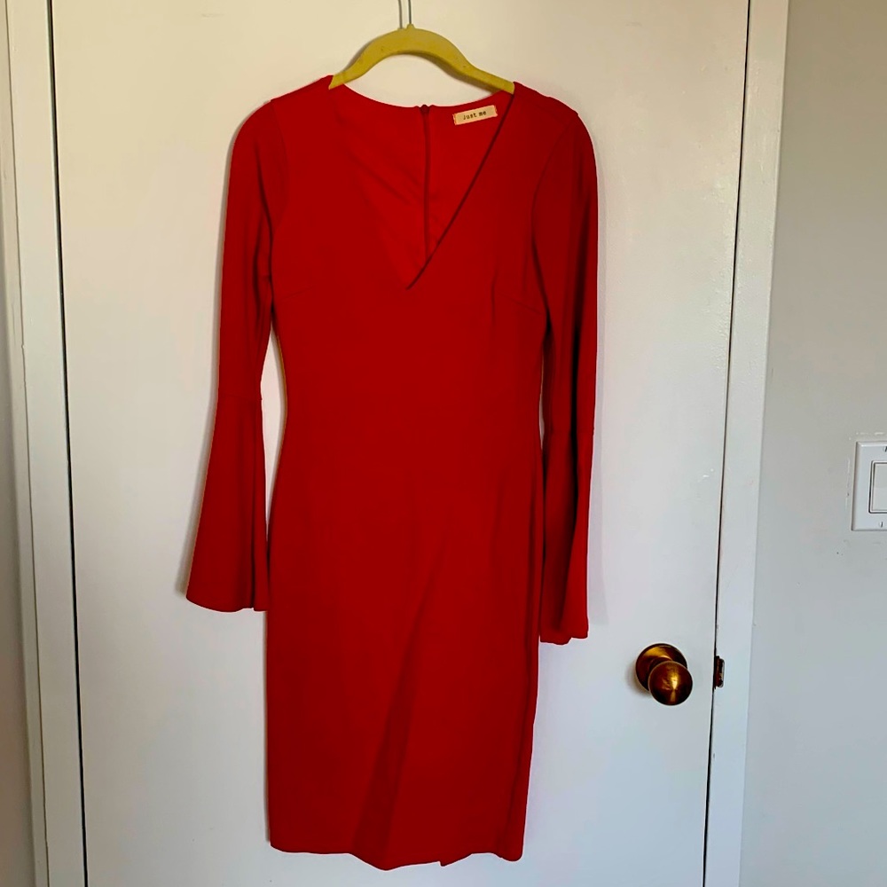 Bodycon Red Dress with Bell Sleeves